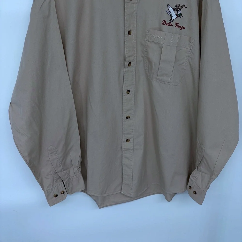 Vintage 2004 CC Filson Button Up Shirt XL Khaki Beige Delta Wings USA Made 652BD - Picture 3 of 8